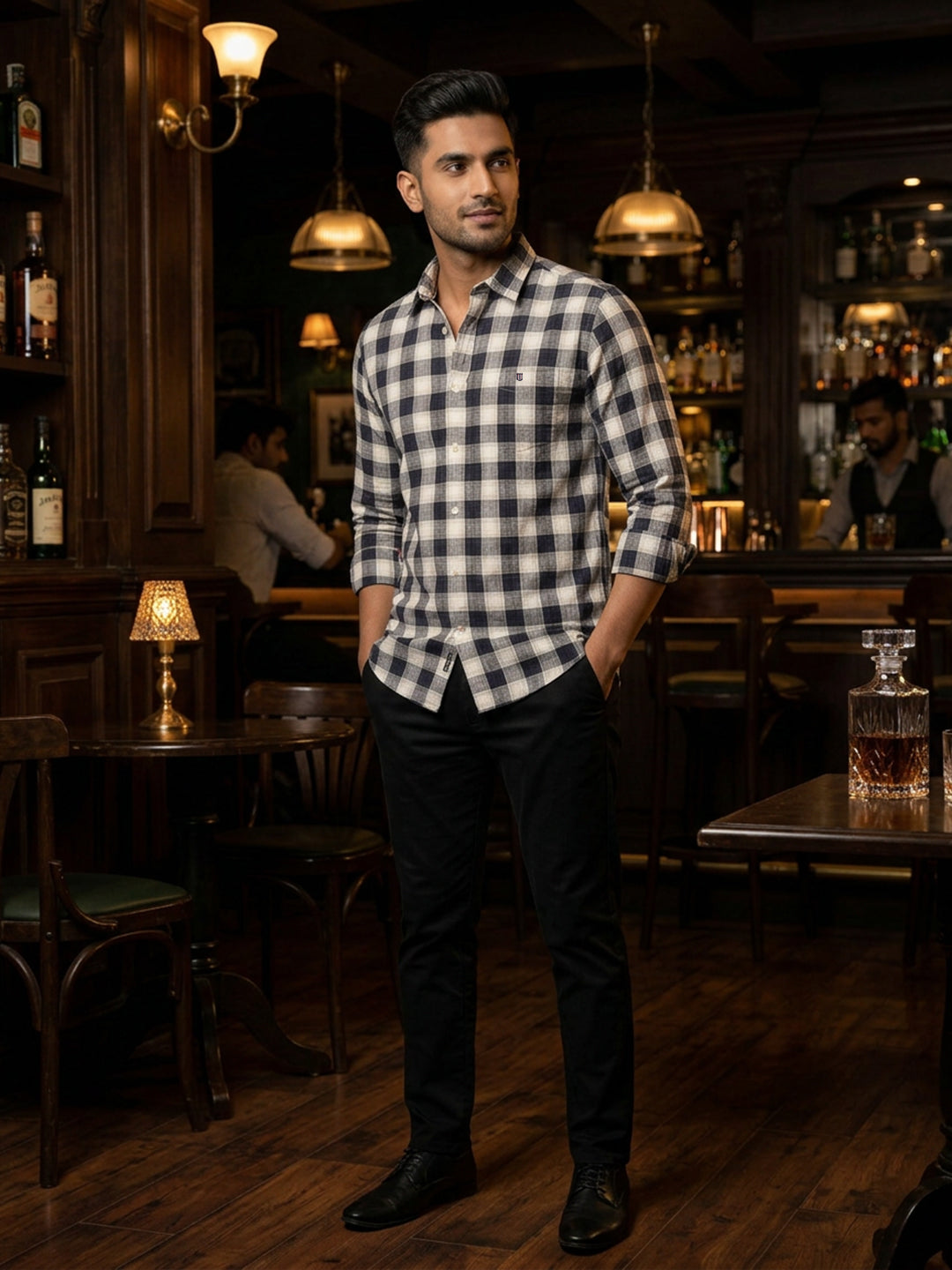 Coral Black and White Checked Casual Shirt