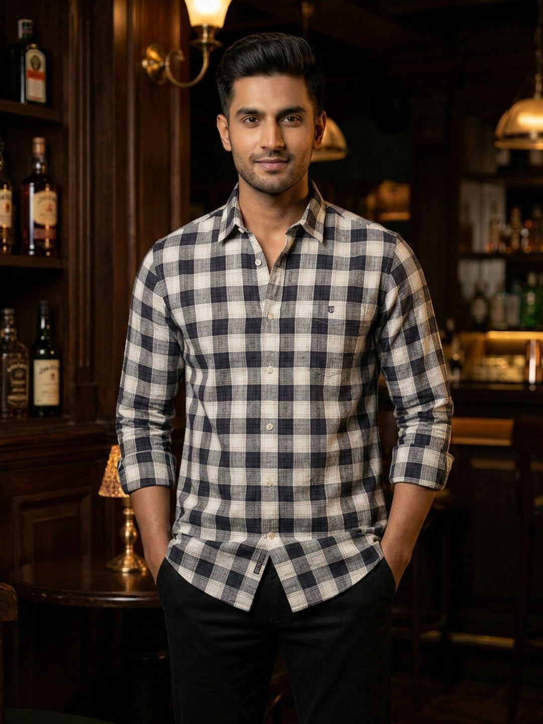 Coral Black and White Checked Casual Shirt
