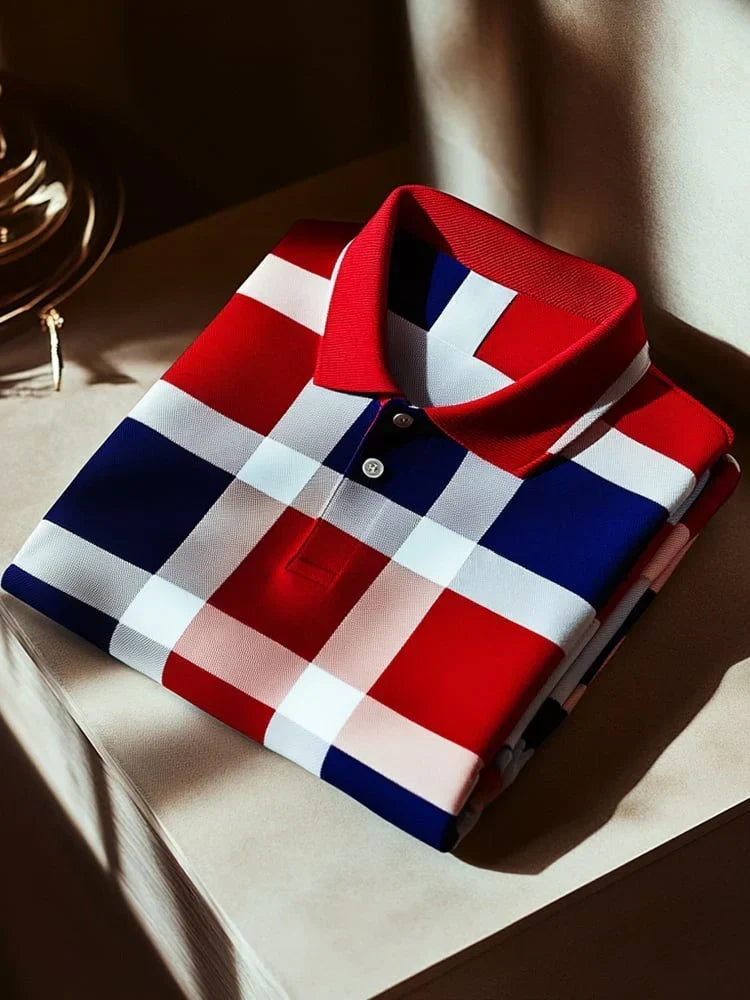 Men's Classic Business Plaid Button Short Sleeve Loose Polo Shirt