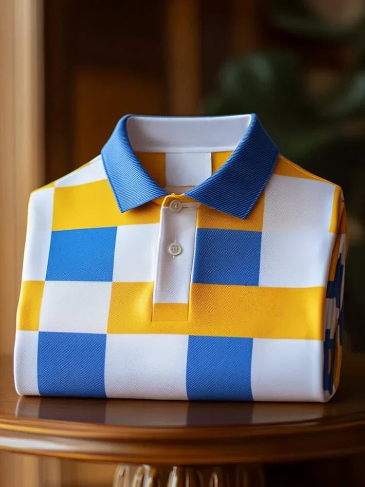 Men's Classic Business Check Plaid Short Sleeve Button Polo Shirt