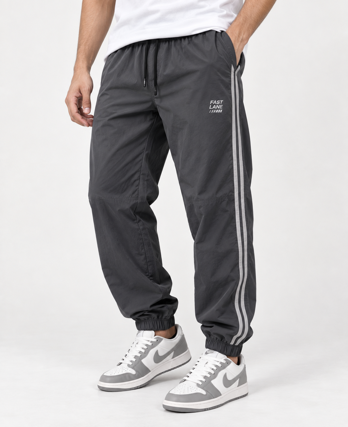Fast Lane Dark Grey Striped Relaxed Fit Nylon Joggers for Men