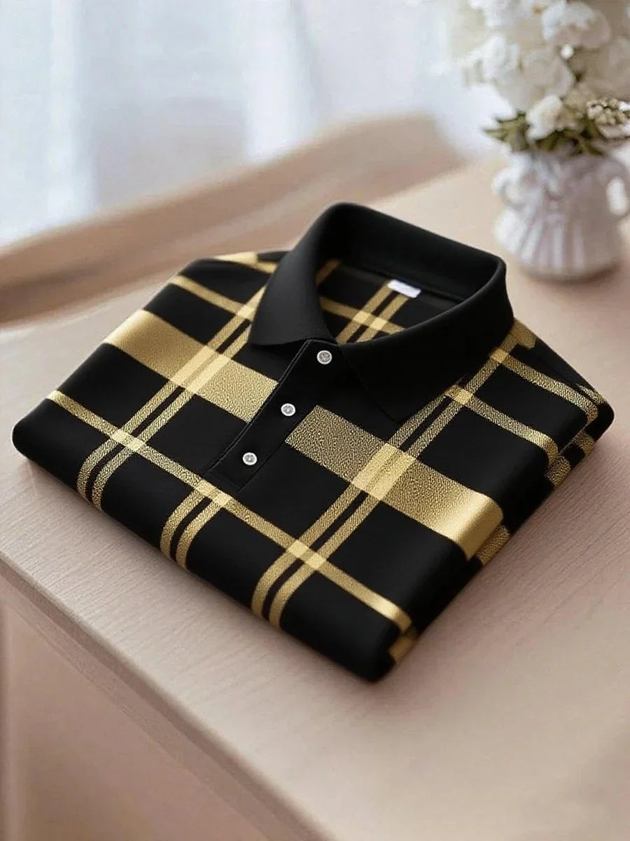 Men's Business Casual Striped Logo Short Sleeve Polyester Polo Shirt