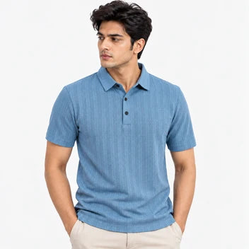 Men's Solid Blue Textured Half Sleeve Polo T-Shirt