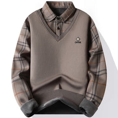Men's Grey V-Neck Sweater with Plaid Full Sleeves