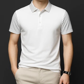 Men's White Solid Polo T-Shirt with Striped Collar & Sleeves