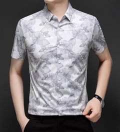 Men's White & Grey Floral Printed Half Sleeve Shirt