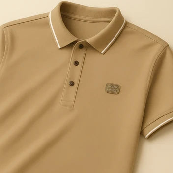 Men's Solid Beige Polo T-Shirt with Contrast Piping