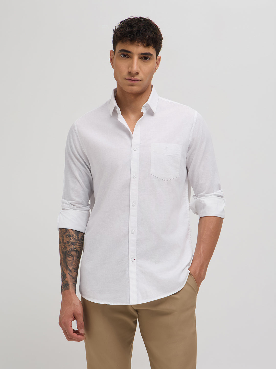 White Cotton Linen Solid Casual Shirt