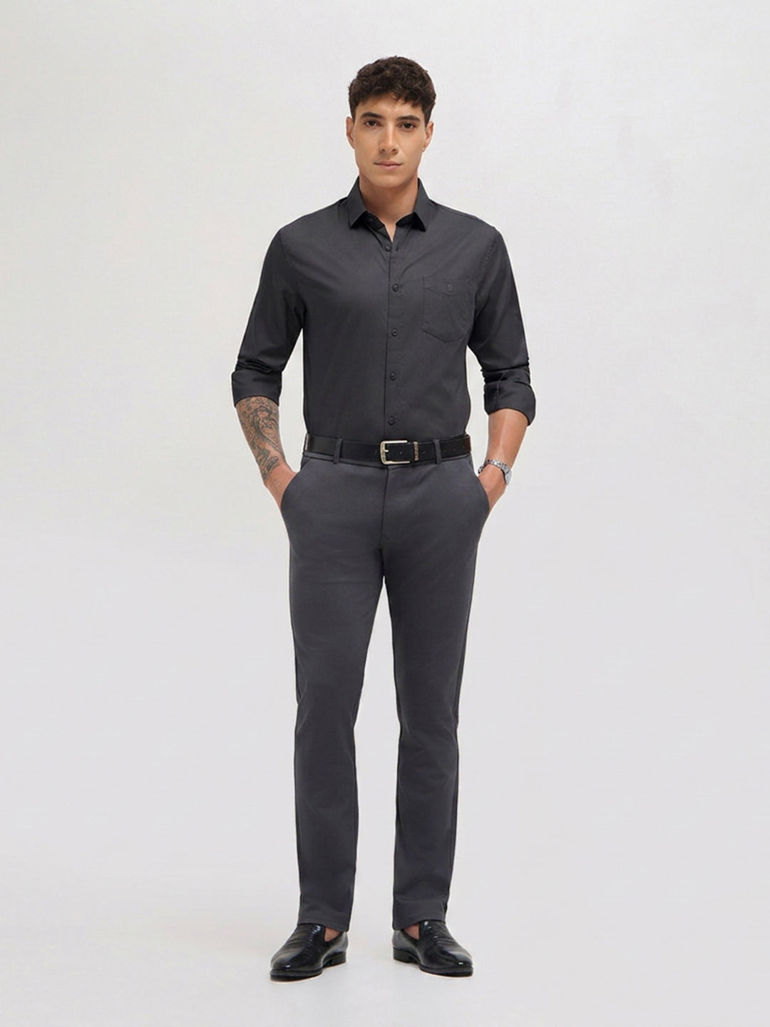 Black Twill Satin Solid Casual Shirt