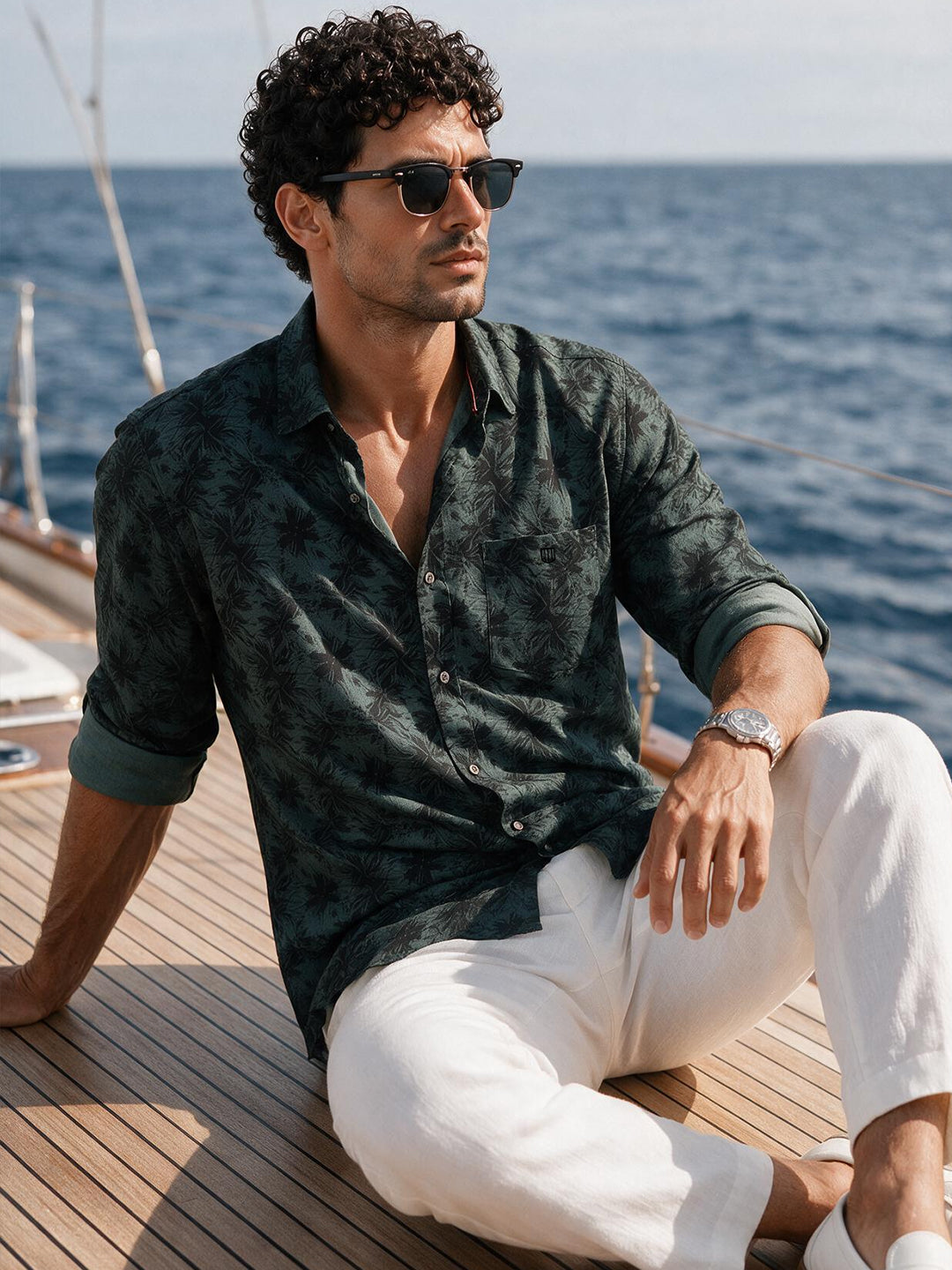 Black Forest Green Botanical Printed Casual Shirt