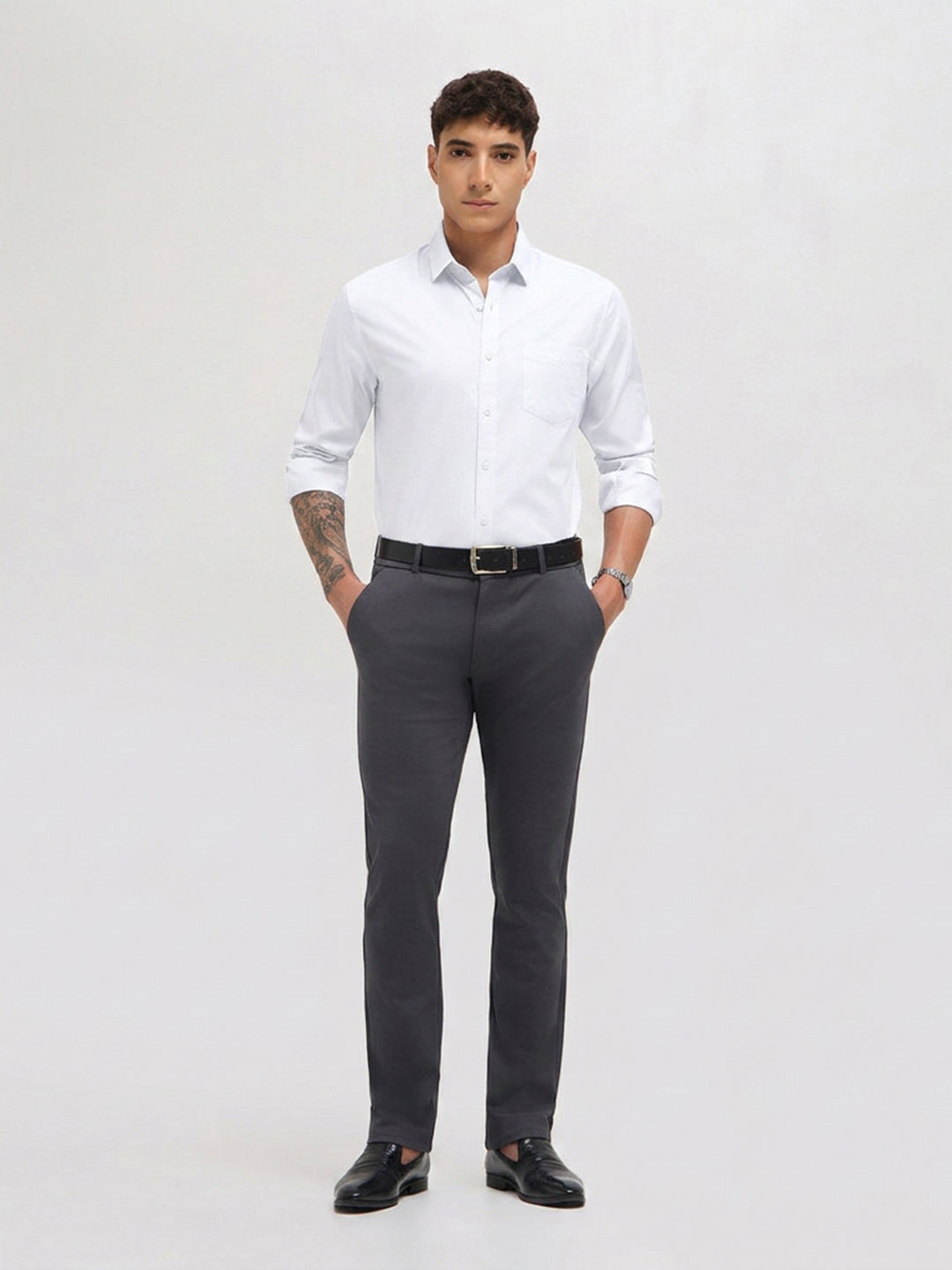 White Twill Satin Solid Casual Shirt