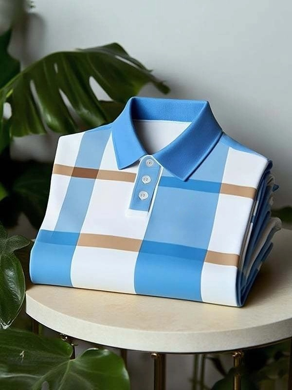 Men's Classic Business Check Button Short Sleeve Polo Shirt
