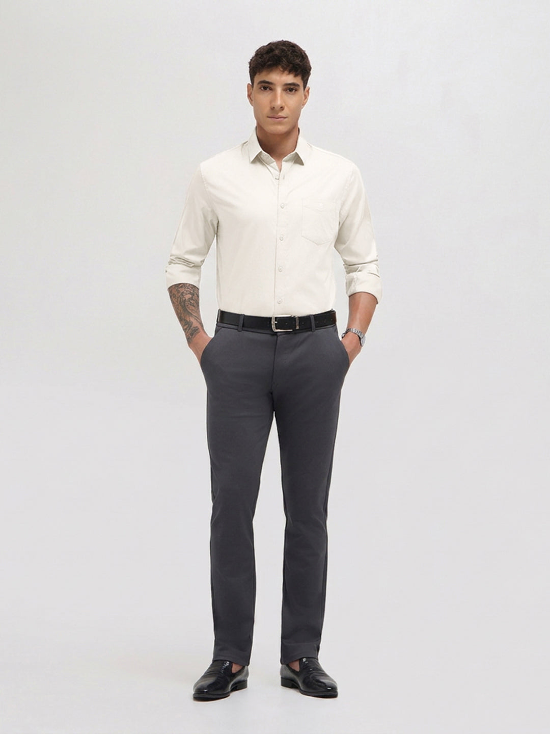 Ivory Twill Satin Solid Casual Shirt