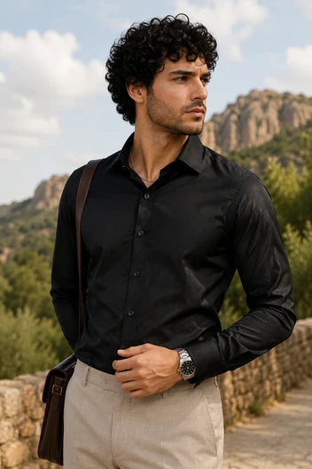 Men's Solid Black Satin Full Sleeve Shirt