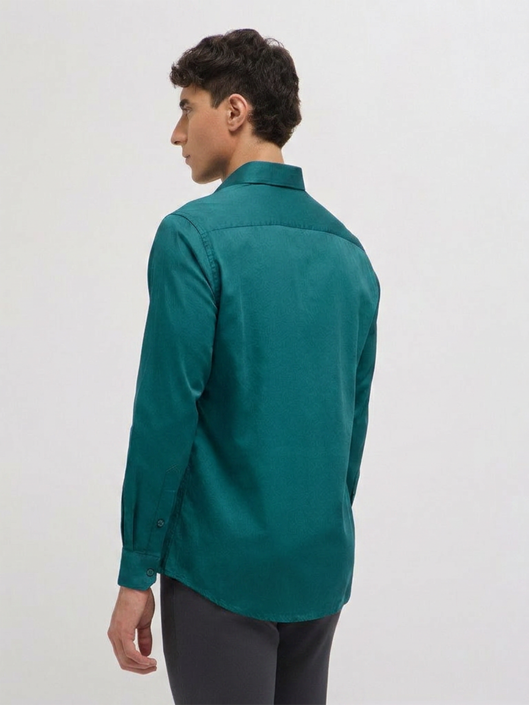 Teal Green Twill Satin Solid Casual Shirt