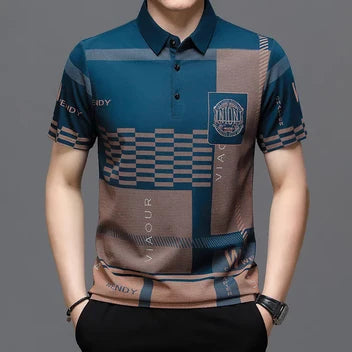 Men's Blue Geometric Printed Half Sleeve Polo T-Shirt