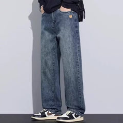 Men's Dark Blue Washed Relaxed Fit Wide Leg Denim Jeans