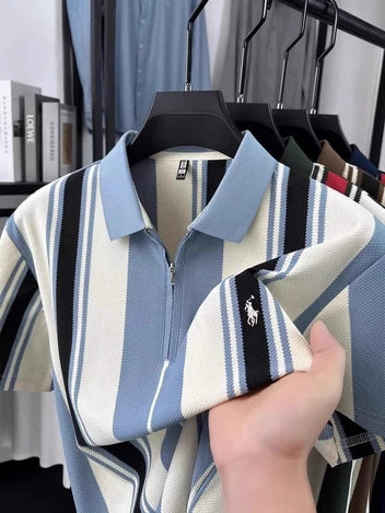 Men's Light Blue & White Striped Half Sleeve Polo T-Shirt