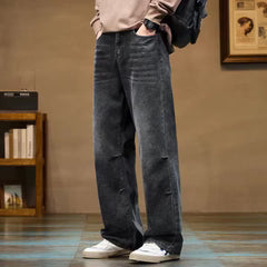 Men's Black Washed Relaxed Fit Wide Leg Denim Jeans
