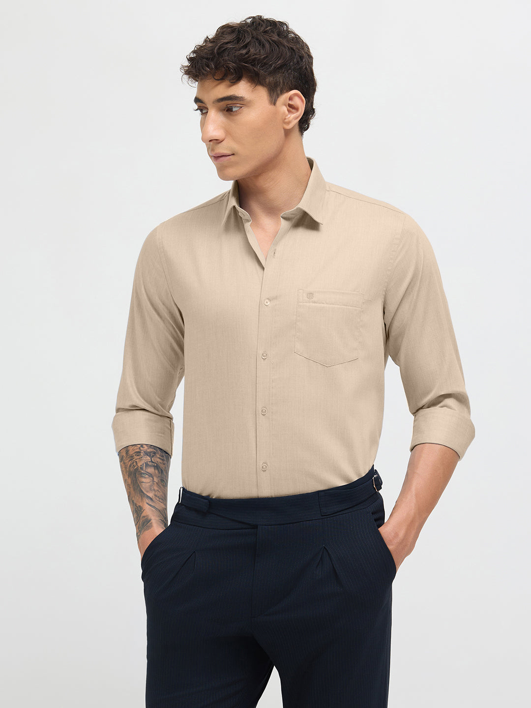Light Beige Solid Formal Shirt