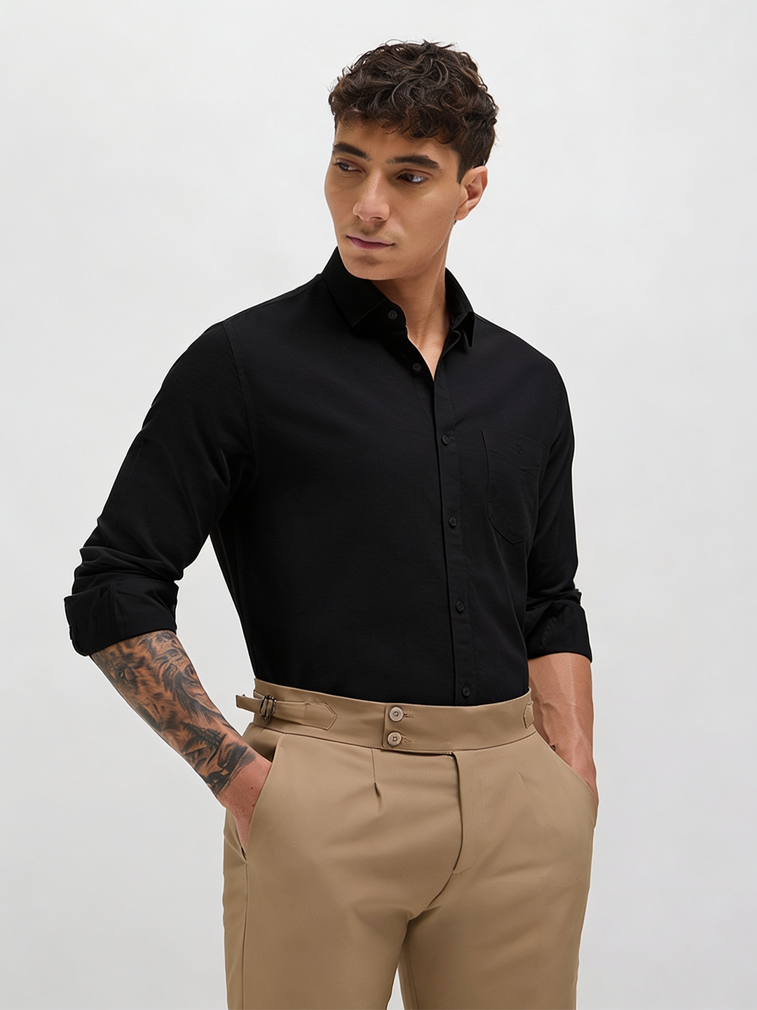 Black Cotton Linen Solid Casual Shirt