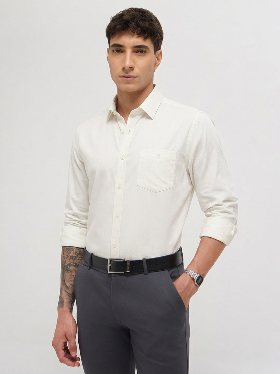 Ivory Twill Satin Solid Casual Shirt