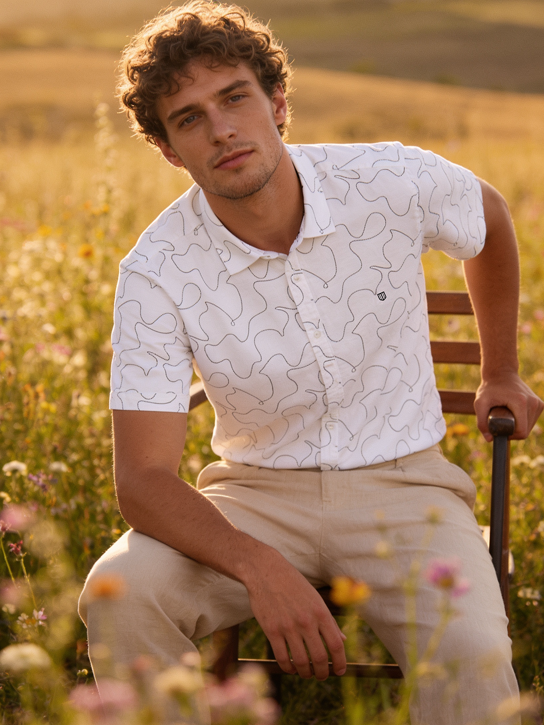 Chalk White and Black Abstract Dot Printed Casual Shirt