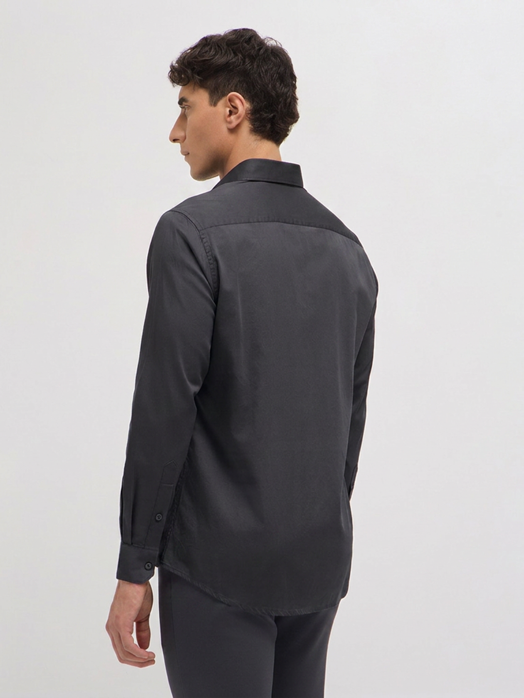 Black Twill Satin Solid Casual Shirt