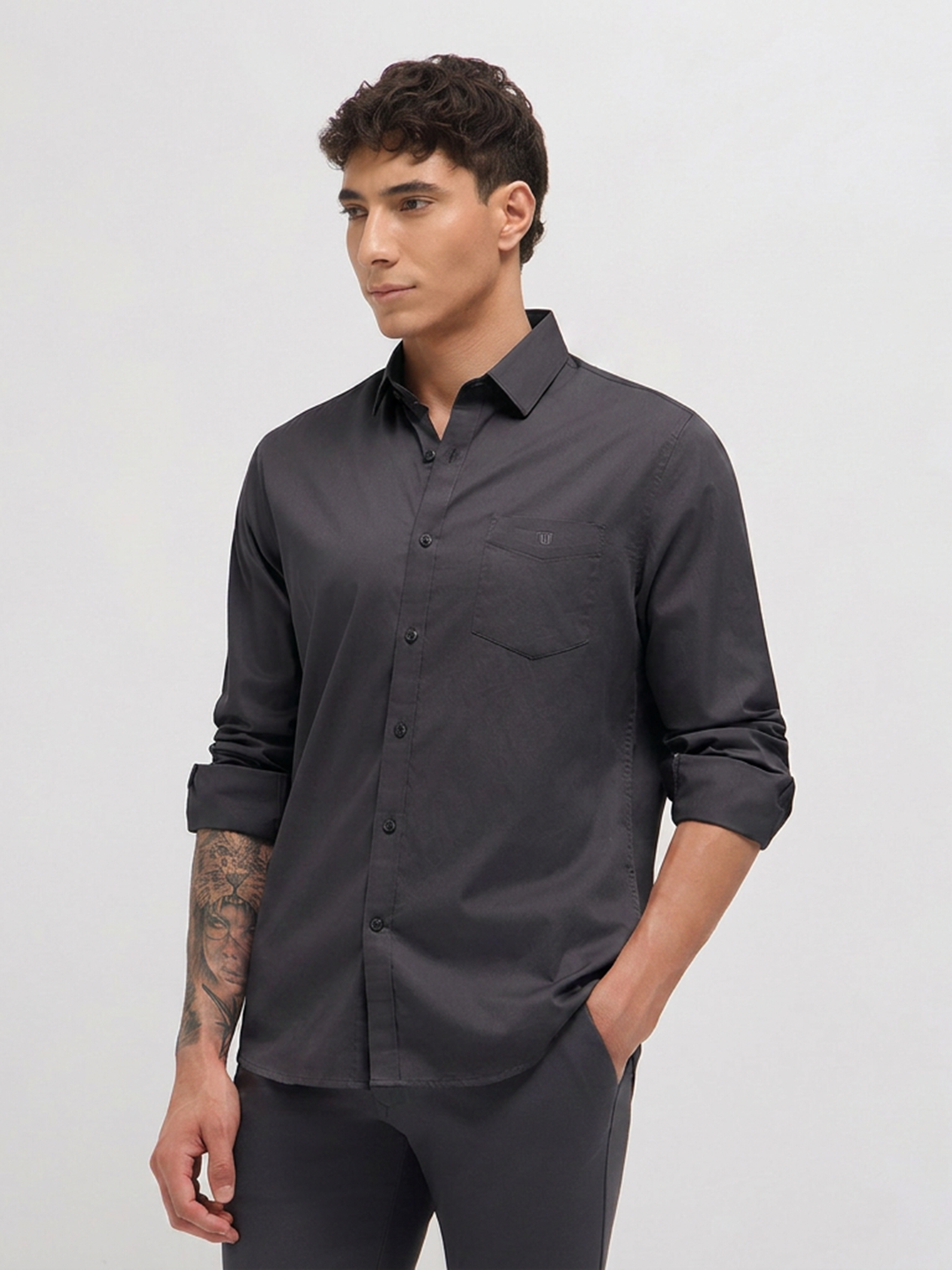Black Twill Satin Solid Casual Shirt