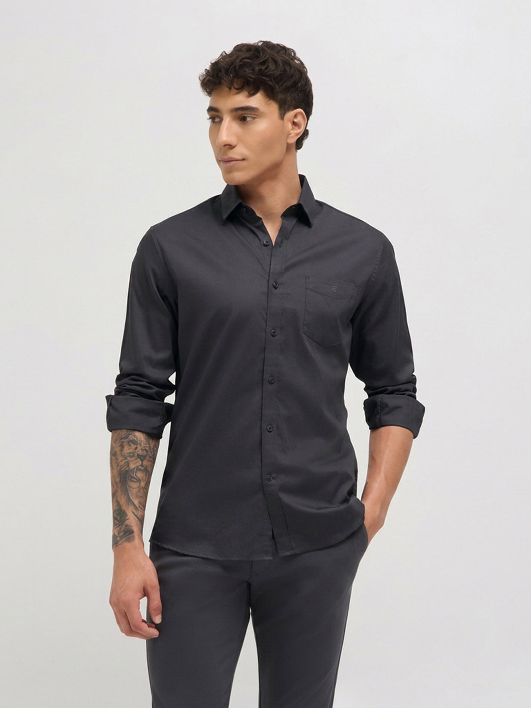 Black Twill Satin Solid Casual Shirt