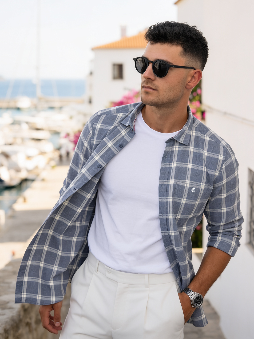Storm Blue and Cream Checked Casual Shirt