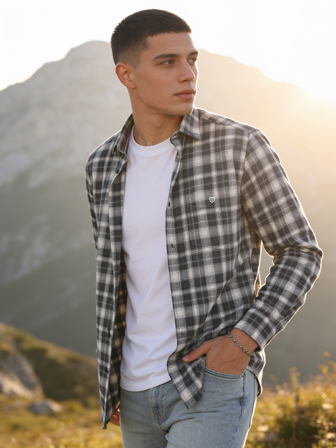 Ash Blue and White Checked Casual Shirt