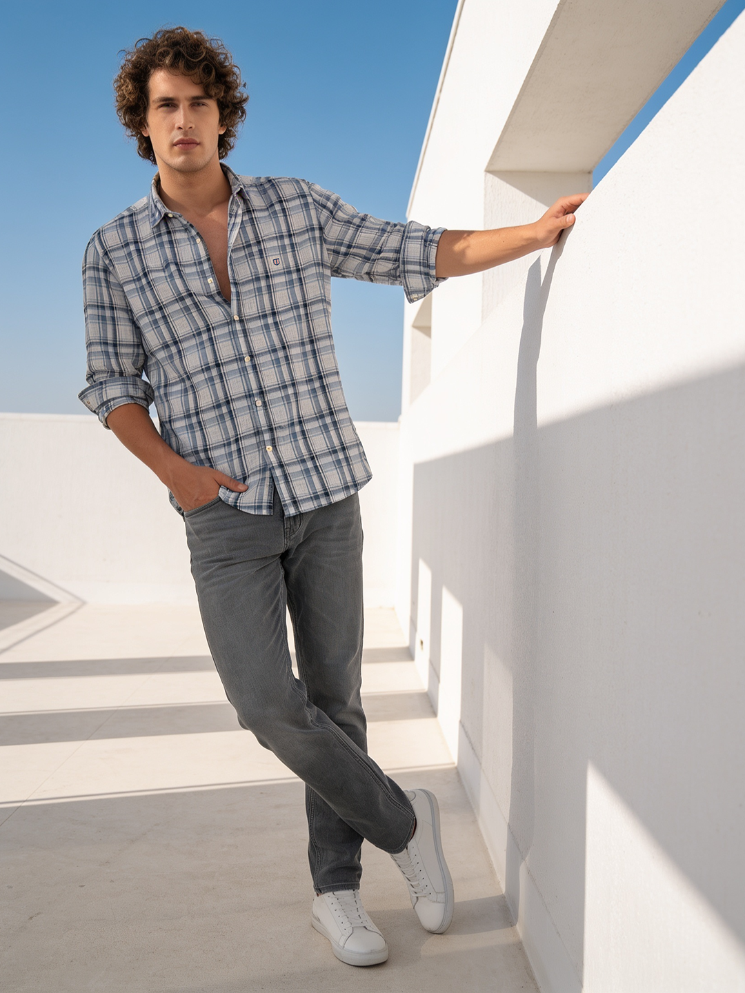 Cloud Grey and Steel Blue Checked Casual Shirt