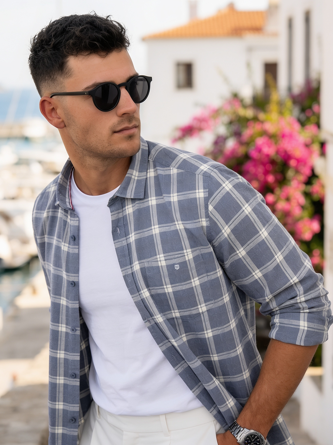 Storm Blue and Cream Checked Casual Shirt