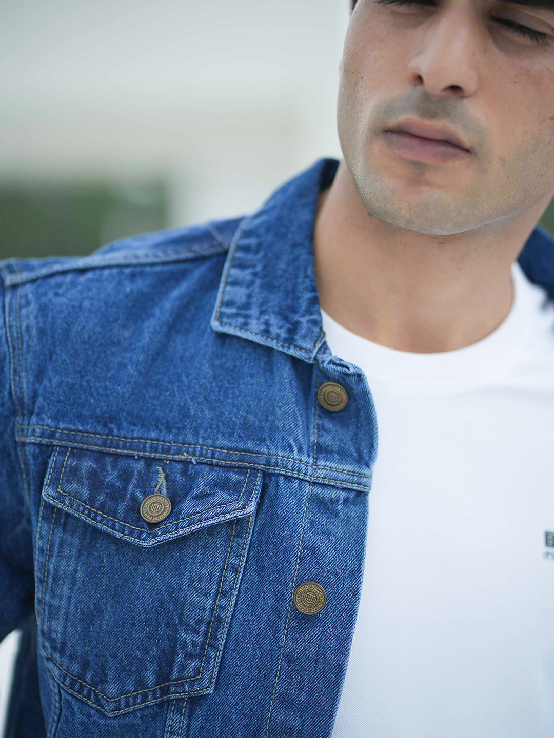 Mid Blue Plain Denim Jacket With Dual Pockets