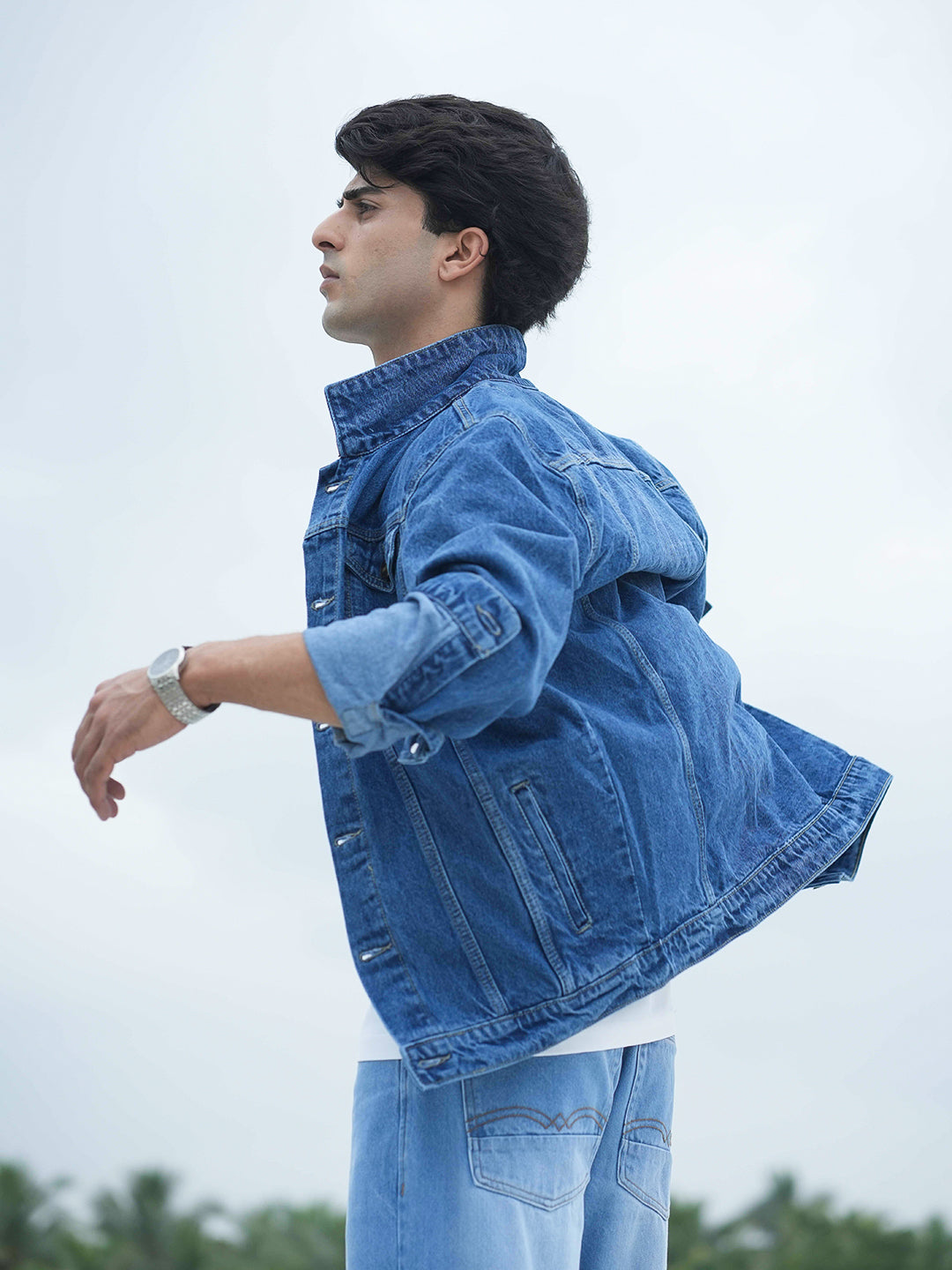 Mid Blue Plain Denim Jacket With Dual Pockets