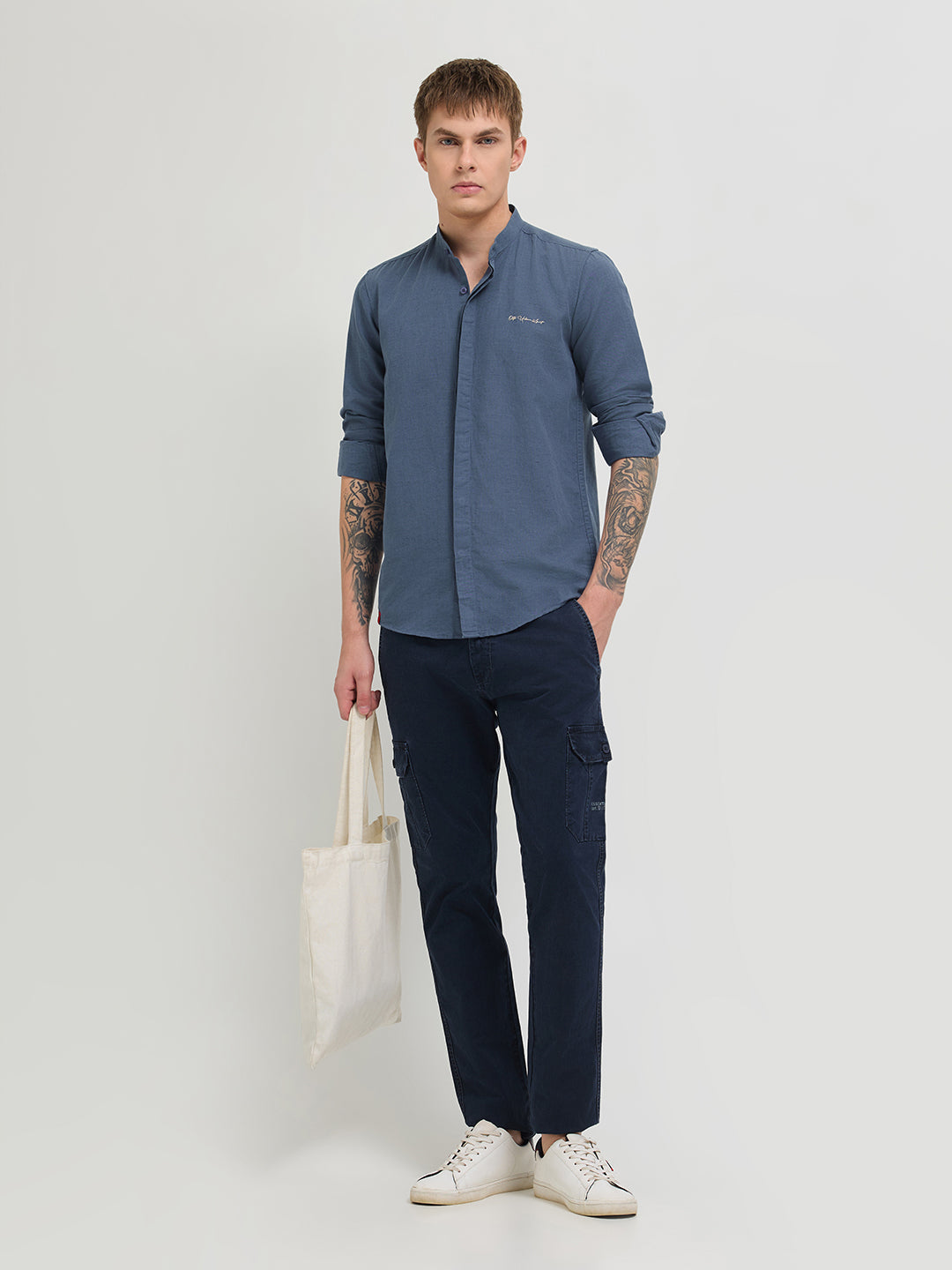 Orion Blue Textured Printed Casual Shirt