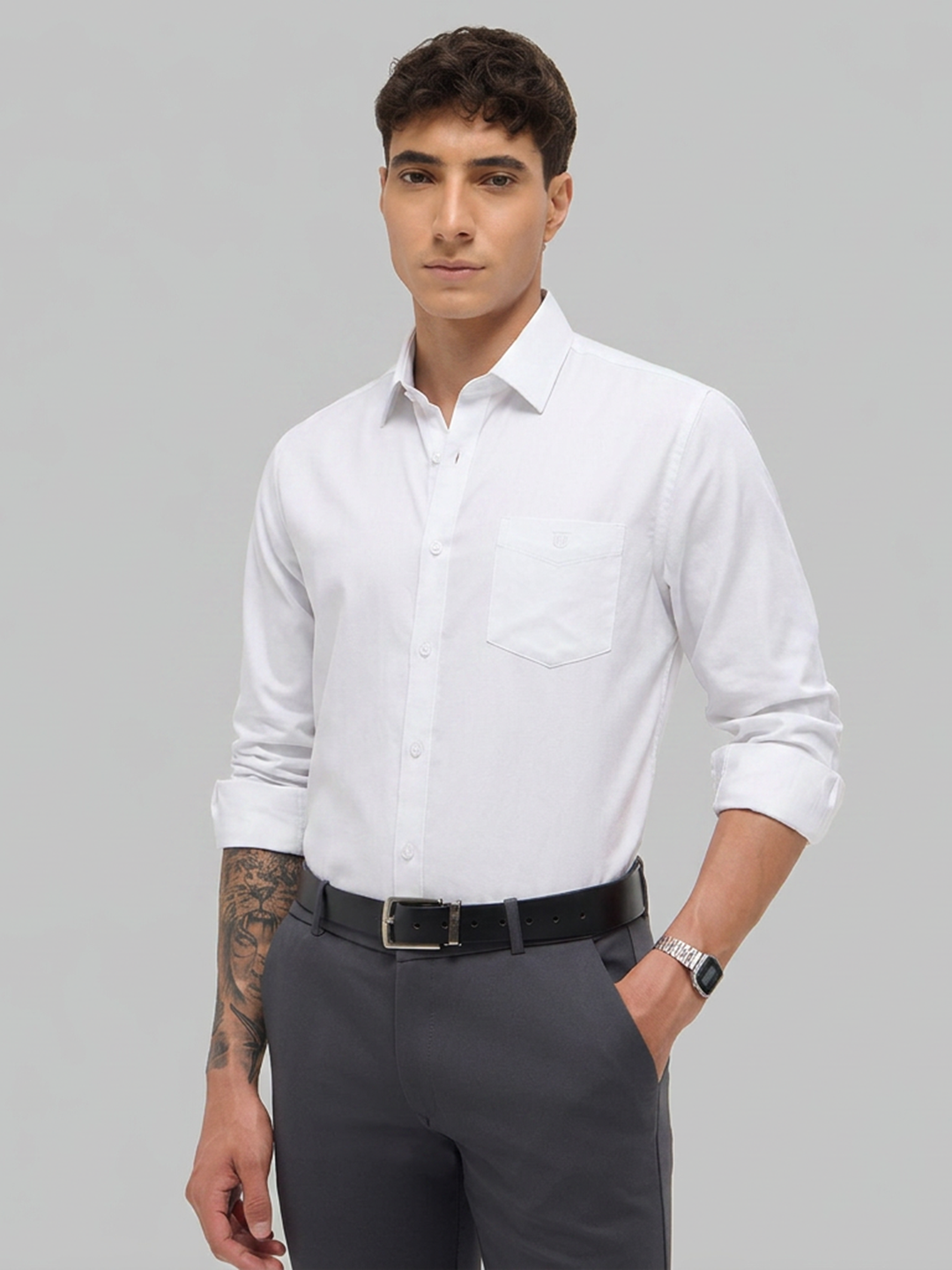 White Twill Satin Solid Casual Shirt