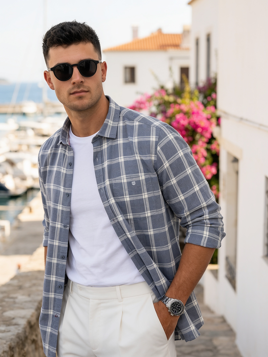 Storm Blue and Cream Checked Casual Shirt