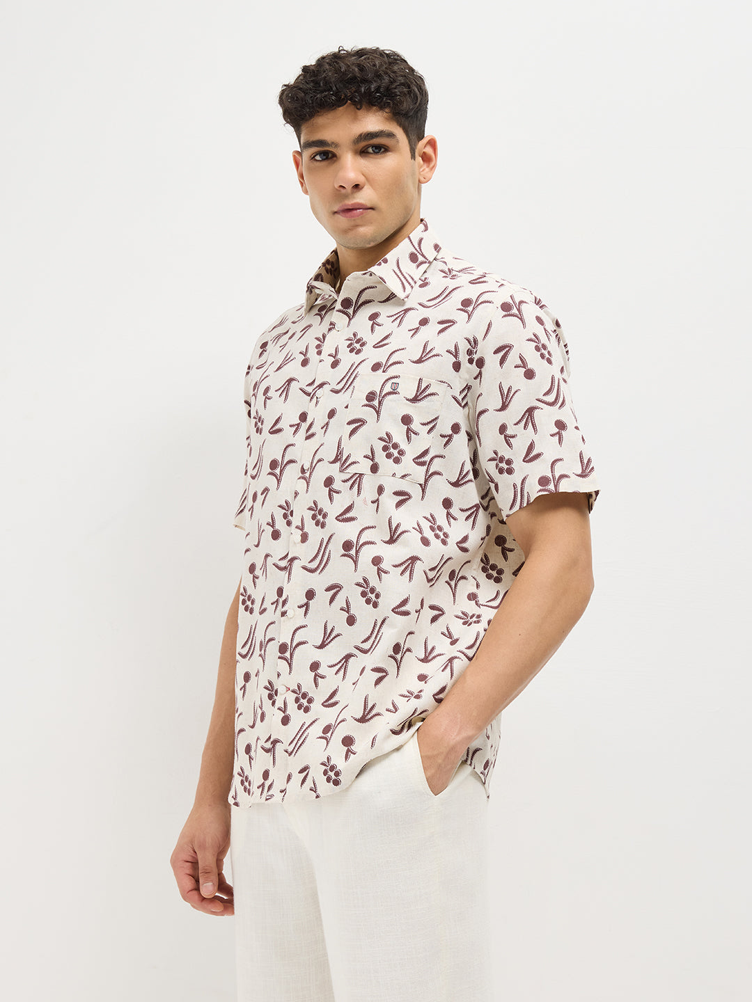 Maroon and Cream Leaf Printed Casual Shirt