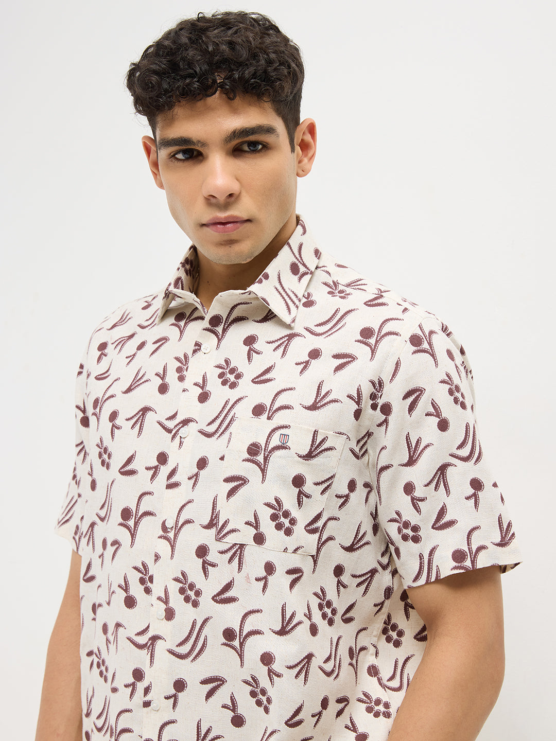 Maroon and Cream Leaf Printed Casual Shirt
