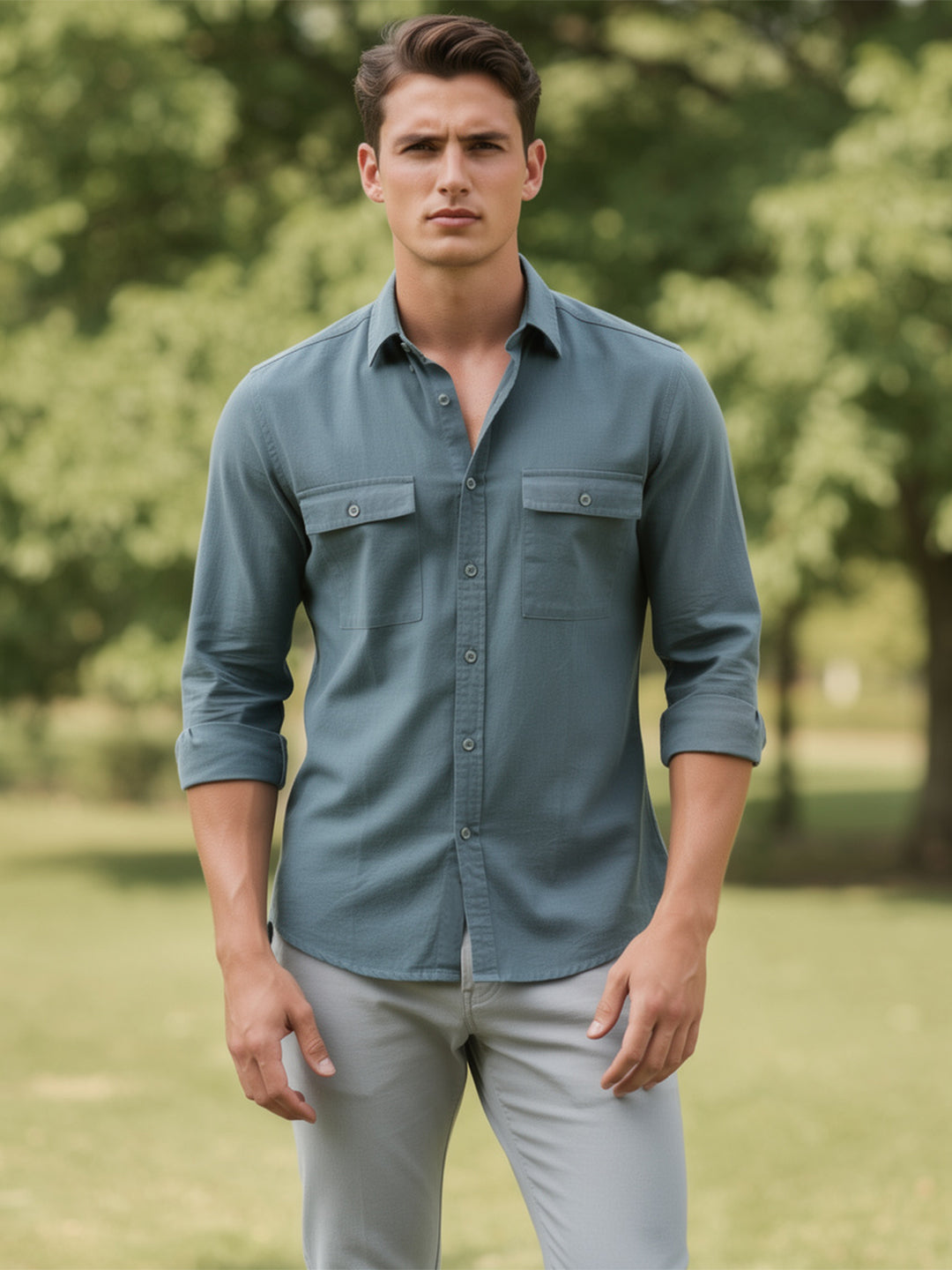Sage Ocean Green Plain Casual Shirt With Dual Pockets