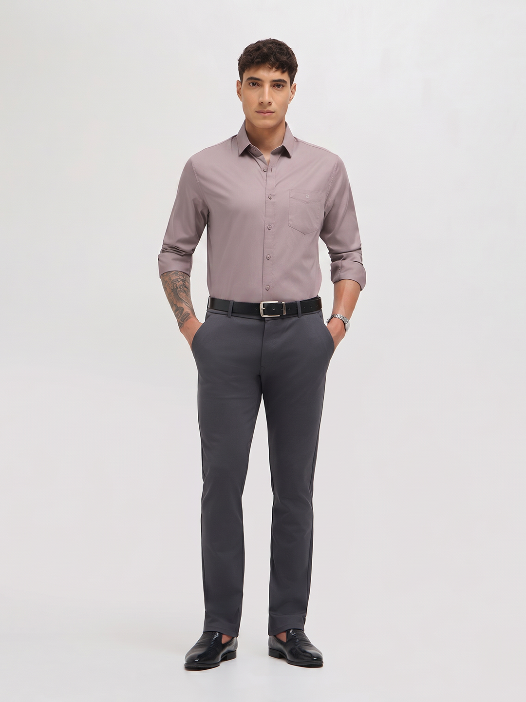 Light Khaki Twill Satin Solid Casual Shirt