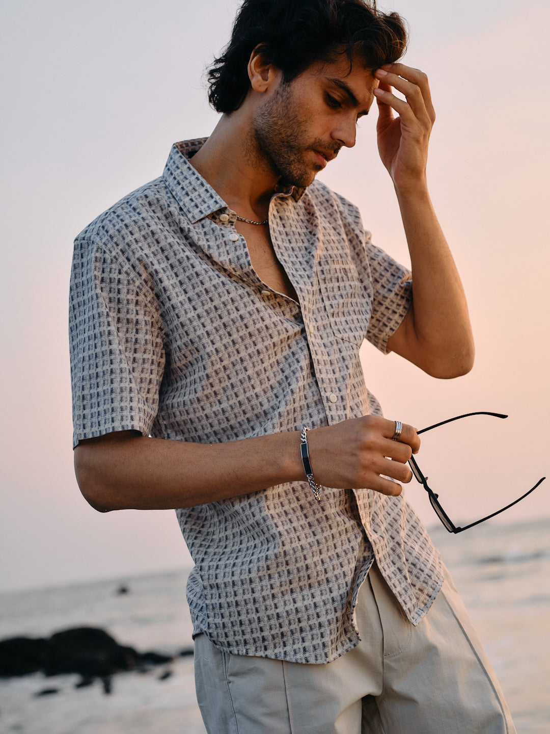 Cement Grey Cube Printed Casual Shirt
