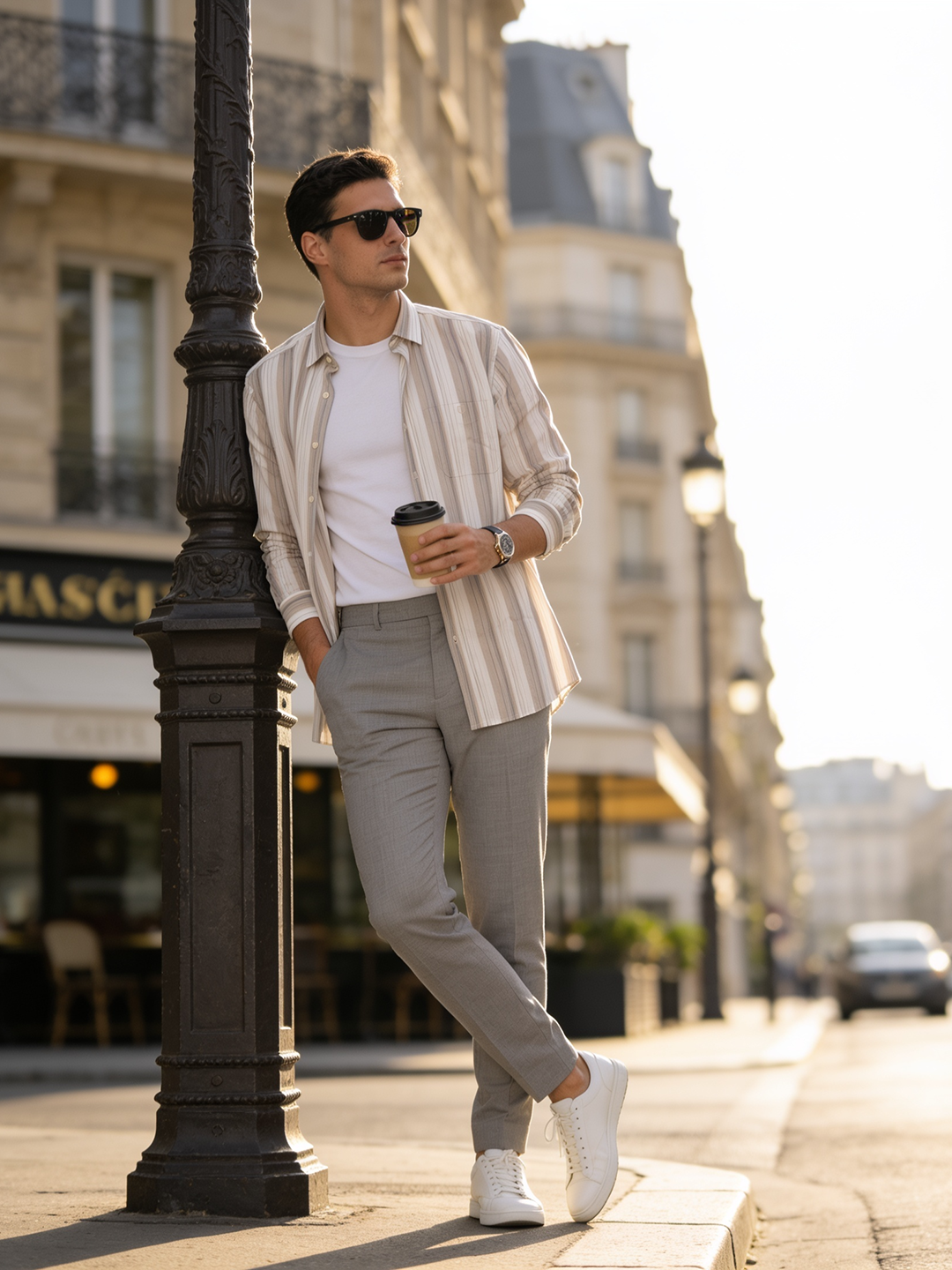 Cream Taupe Striped Casual Shirt