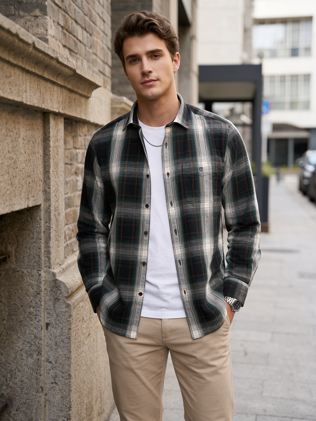 Charcoal Black and Cream Checked Casual Shirt