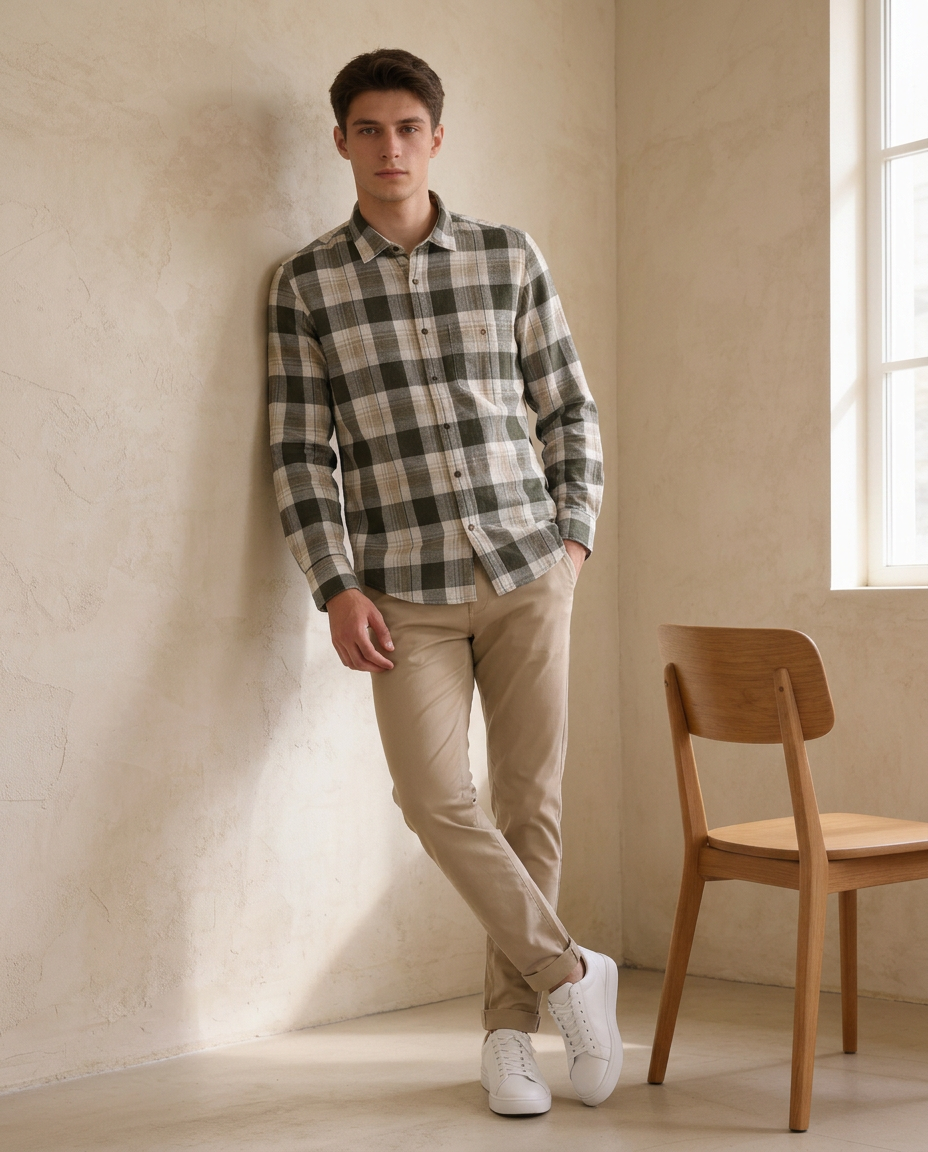 Olive Stone Checked Casual Shirt
