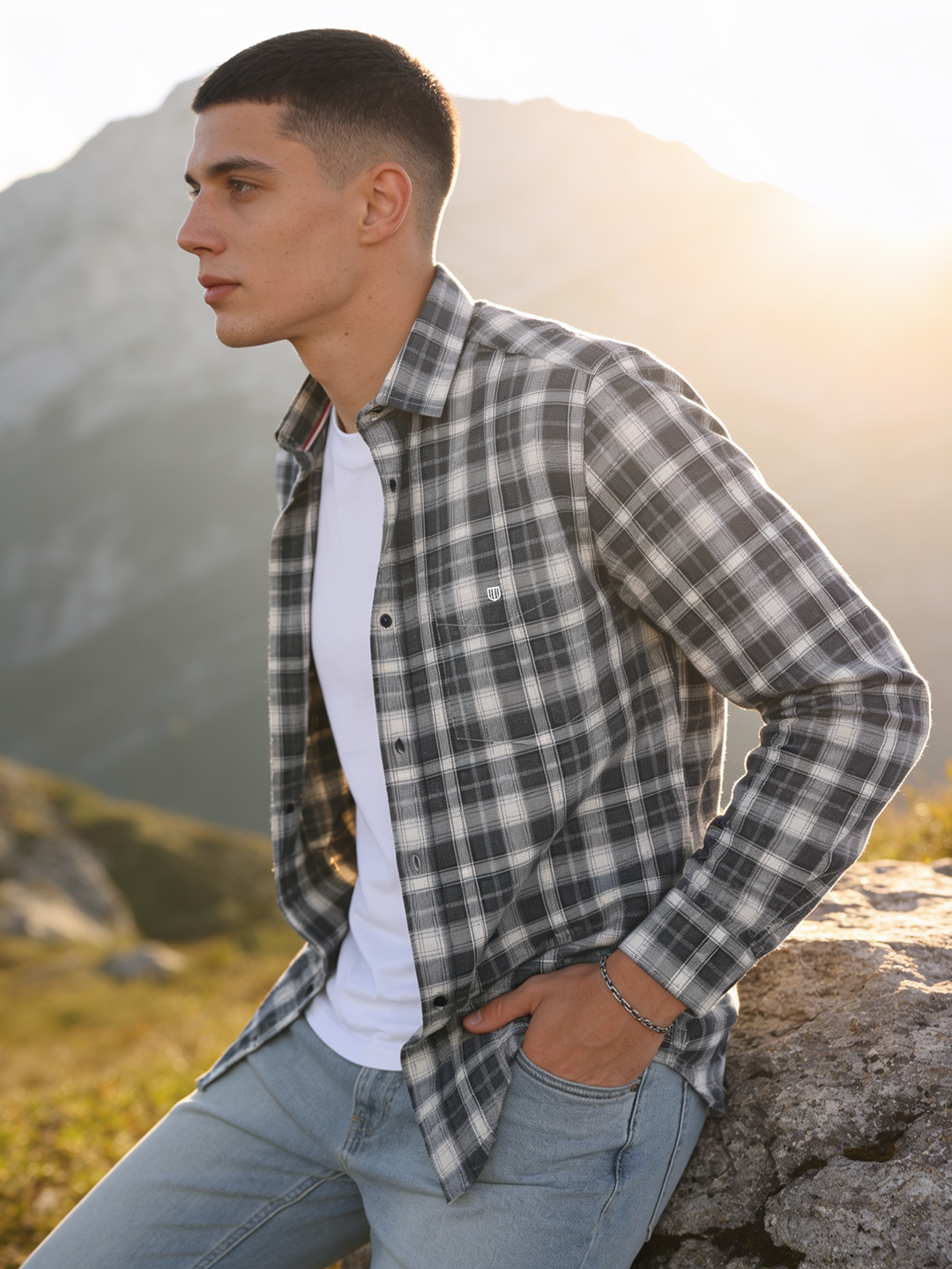 Ash Blue and White Checked Casual Shirt