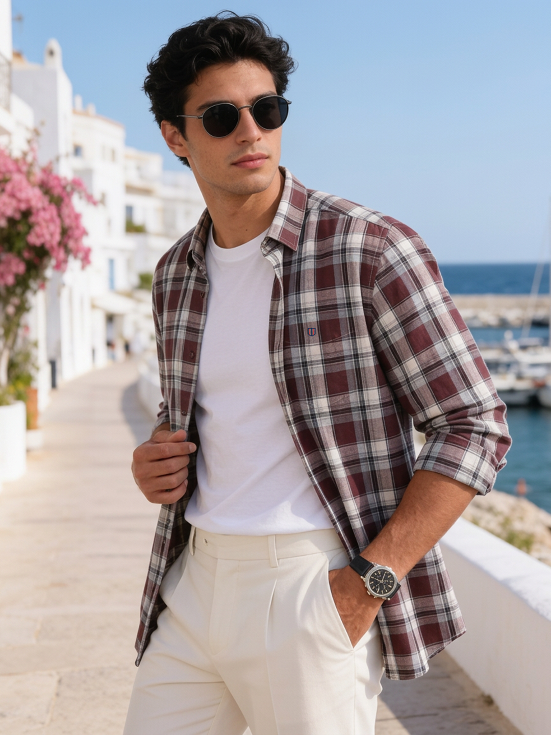 Red Wine and White Checked Casual Shirt