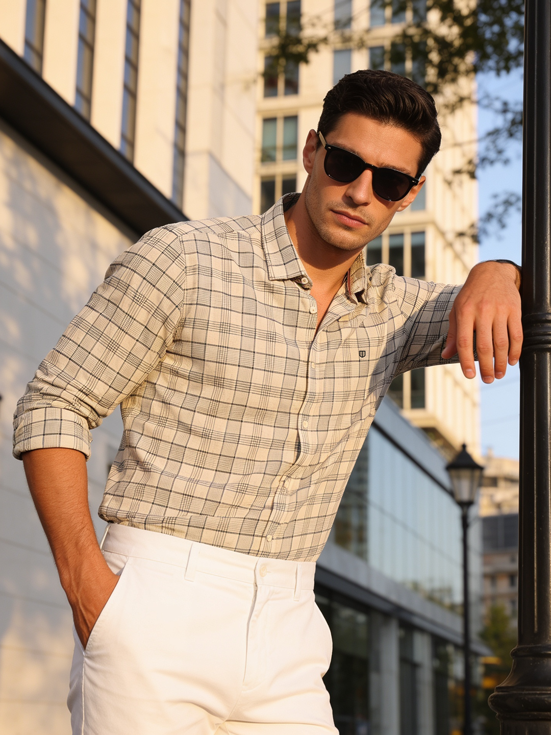 Cream and Grey Checked Casual Shirt